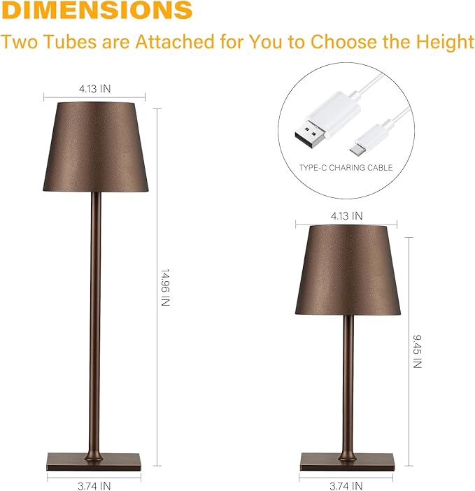 2 Pack Cordless Table Lamps, 3 Colors Stepless Dimming, 5000mAh Rechargeable Battery LED Desk Lamp for Bedroom/Couple Dinner/Desk/Cafe/Dining Room/Terrace