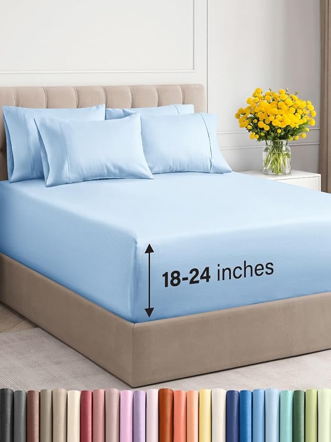 Extra Deep King Sheet Set - 6 Piece Breathable & Cooling Sheets - Hotel Luxury Bed Sheets Set - Easy & Secure Fit - Soft, Wrinkle Free & Comfy Sheets Set - Light Blue Sheet Set with Extra Deep Pockets