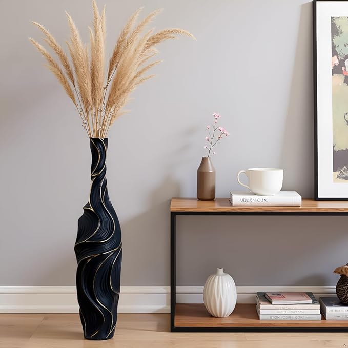 Floor Vase Handmade Resin - 22.83" Tall Brown Vases with Gold Wave Patterns, 6.29" Wide Decorative Tall Floor Vase for Home Decor, Farmhouse & Modern Interior Design