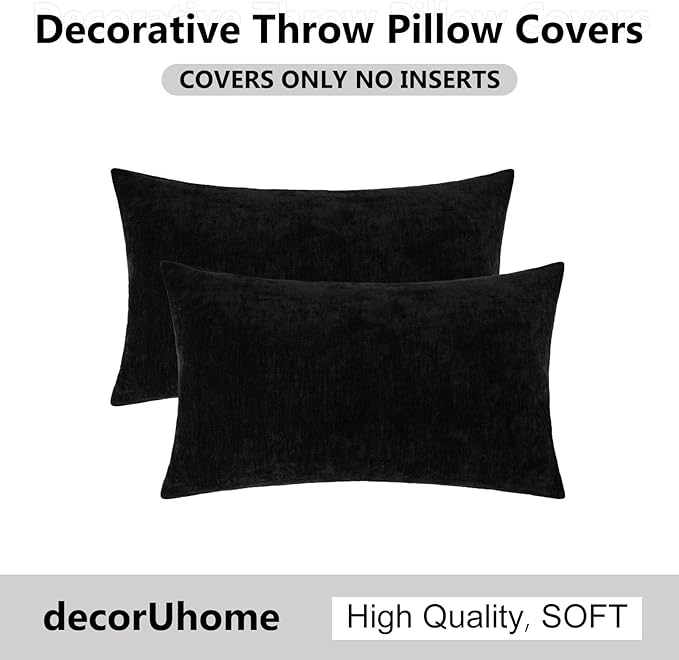 decorUhome Chenille Black Christmas Throw Pillow Covers 12x20 Inch Set of 2, Decorative Soft Couch Pillow Covers Solid Dyed Accent Farmhouse Neutral Rectangle Pillow Cases for Sofa