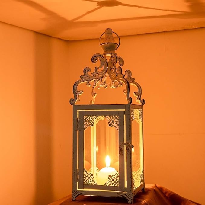 DECORKEY Large Candle Lantern, Decorative Hanging Lantern, Vintage Metal Tabletop Lantern for Outdoor Patio Rustic Home Decor, Candle Holders with Clear Glass (White)