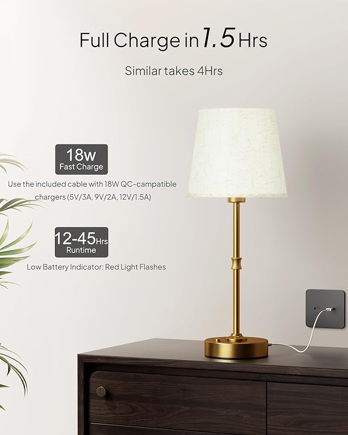 EppieBasic Cordless Table Lamp Rechargeable: Fast Charging & Long Lasting - 2700K Warm Light Vintage Gold Lamps - Dinning Living Room Bedroom - Linen Shade