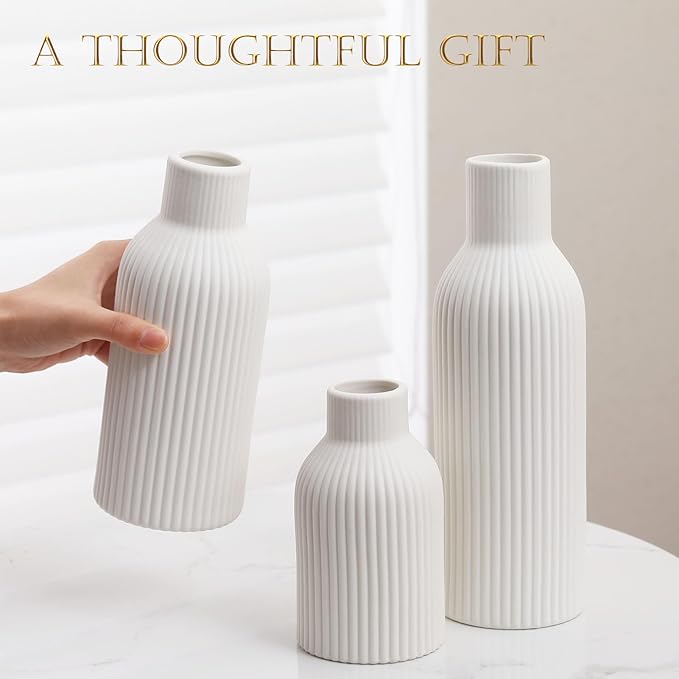 Ceramic Vase Set of 3 - Handcrafted Ceramic Vases for Home Decor & Shelf - Modern Farmhouse Decor for Kitchen, Office, Bedroom & Living Room Decorative Objects for Mantel, Table Centerpieces
