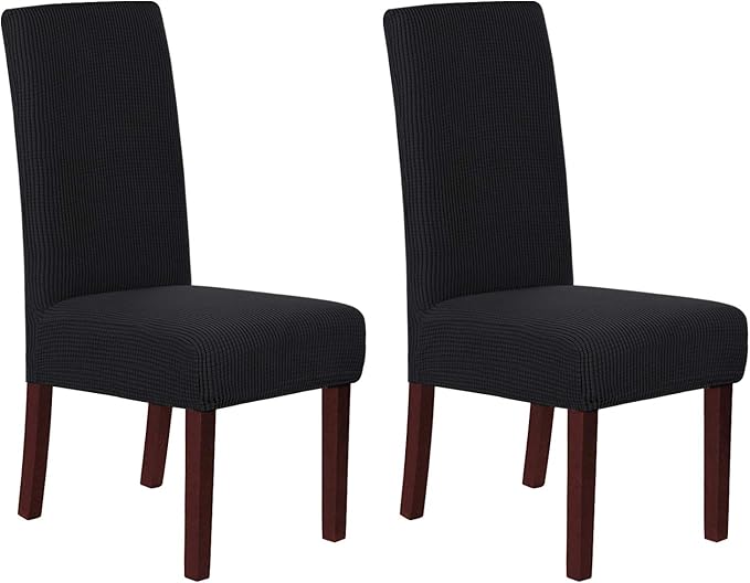 H.VERSAILTEX Stretch Dining Chair Covers Set of 2 Chair Covers for Dining Room Parsons Chair Slipcover Chair Protectors Covers Dining, Feature Textured Checked Jacquard Fabric, Black
