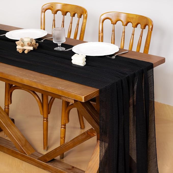 Socomi 6pcs Black Cheesecloth Table Runner Valentine's Day Gauze 120 Inch Rustic Boho Cheese Cloth Runner for Wedding Party Baby Bridal Shower Centerpiece Decoration Holiday Home Decorations