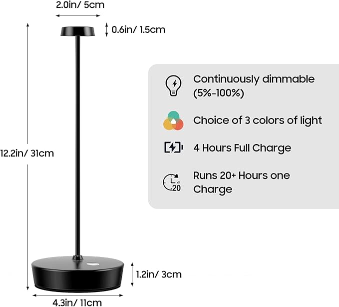 2Pack Cordless LED Table Lamp，Rechargeable Battery Operated Table Light, 3 Color Stepless Dimmable Table Lamp, Portable Table Light for Outdoor/Restaurants/Patio