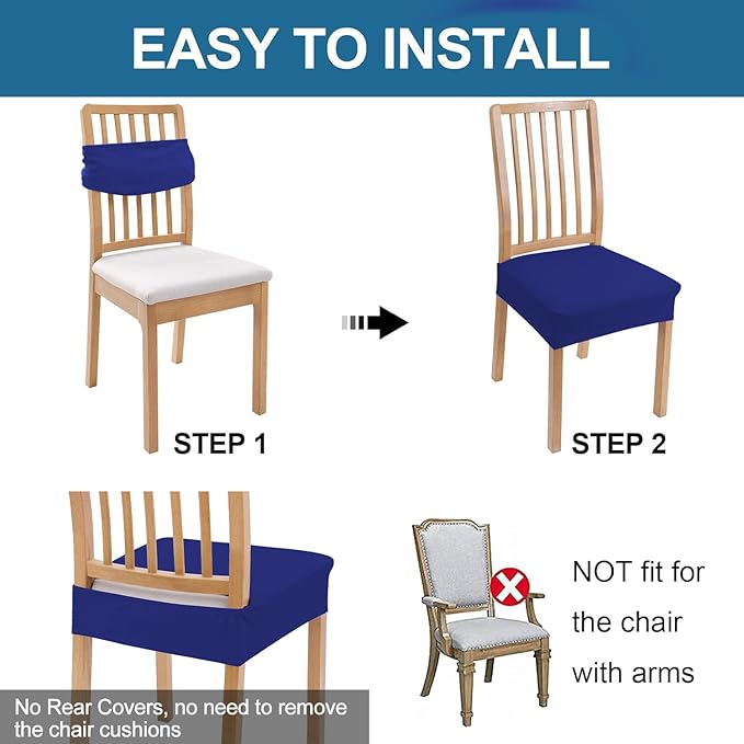 Smiry Waterproof Seat Covers for Dining Room Chairs Set of 6, Stretch Jacquard Removable Washable Chair Seat Slipcovers Protector, No Rear Covers, Royal Blue