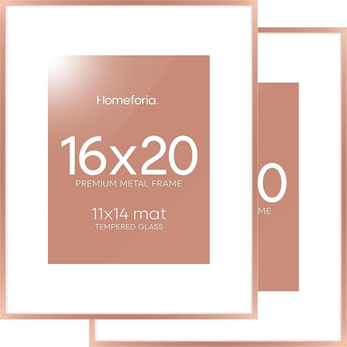 Homeforia Picture Frames 16x20 Rose Gold, High End Metal 16x20 Poster Frame with Mat 11x14 inch Photo, 16 x 20 Rose Gold Frame Matted to 11 by 14 Print, 20x16 Frame, Tempered Glass, Wall Kit, Set of 2