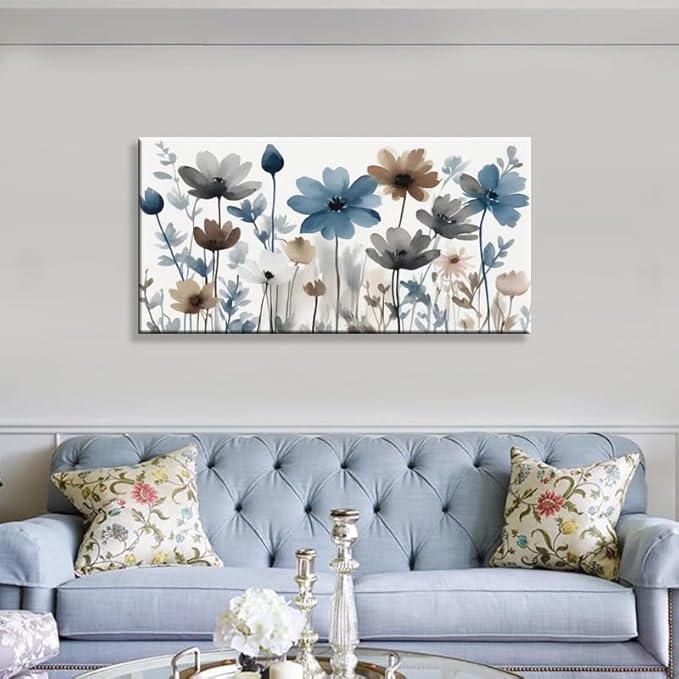 KZKU Flowers Canvas Wall Art - Floral Pictures for Wall Decor Indigo Brown Grey Canvas Prints Nature Printing Artwork for Living Room Bedroom Home Office Wall Decoration 20" x 40"
