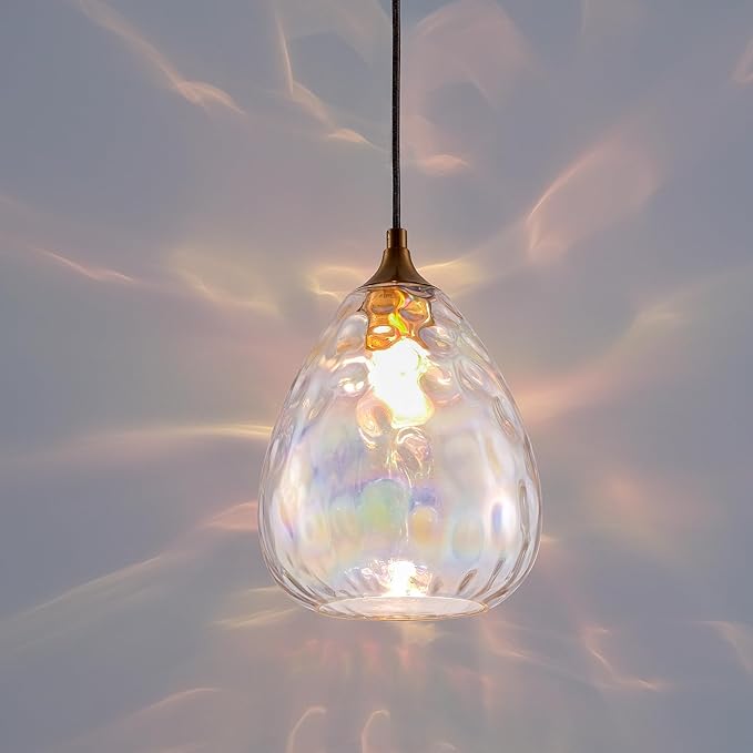 Gold Pendant Lighting with Stained Hammered Glass Shade, 1-Light Art Deco Hanging Lamp for Kitchen Island, Dining Room, Bedroom (Colorful Glass Shade)