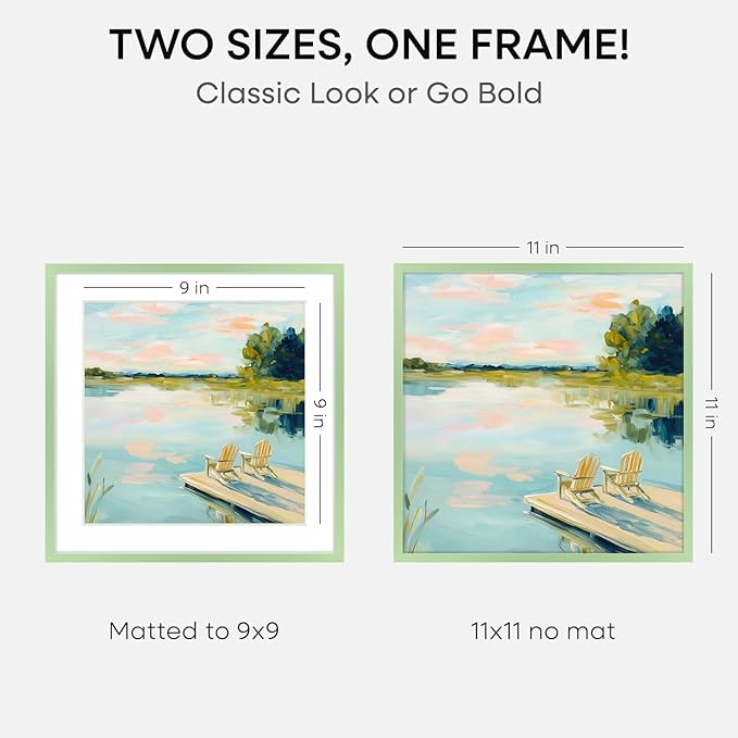 Homeforia 11x11 Sage Green Picture Frame, High End Metal 11 by 11 Square Frames with Mat 9 x 9 Photo, 11by11 Poster Frame Matted to 9x9 inch Art, Wall Hanging Frame, Tempered Glass, Wall Kit, Set of 2