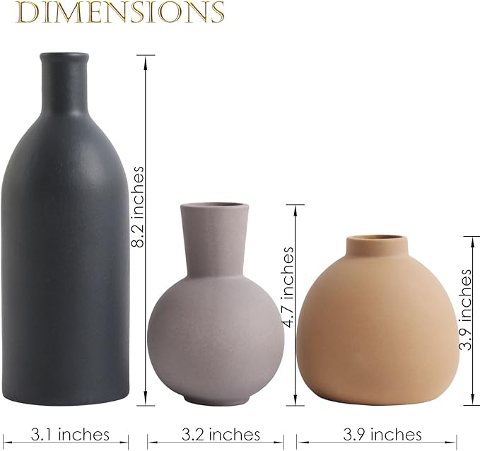 Ceramic Vase Set of 3 - Handcrafted Ceramic Vases for Home Decor & Shelf - Modern Farmhouse Decor for Kitchen, Office, Bedroom & Living Room Decorative Objects for Mantel, Table Centerpieces