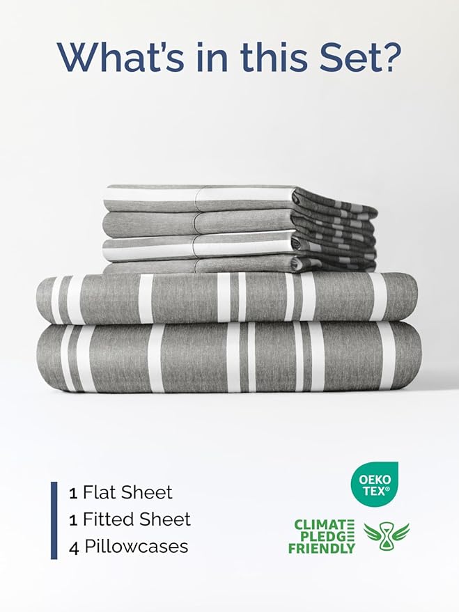 Extra Deep Full Sheet Set - 6 Piece Breathable and Cooling Sheets - Hotel Luxury Bed Sheets Set - Easy Fit - Soft, Wrinkle Free and Comfy Sheets Set - Grey Striped Sheet Set with Extra Deep Pockets