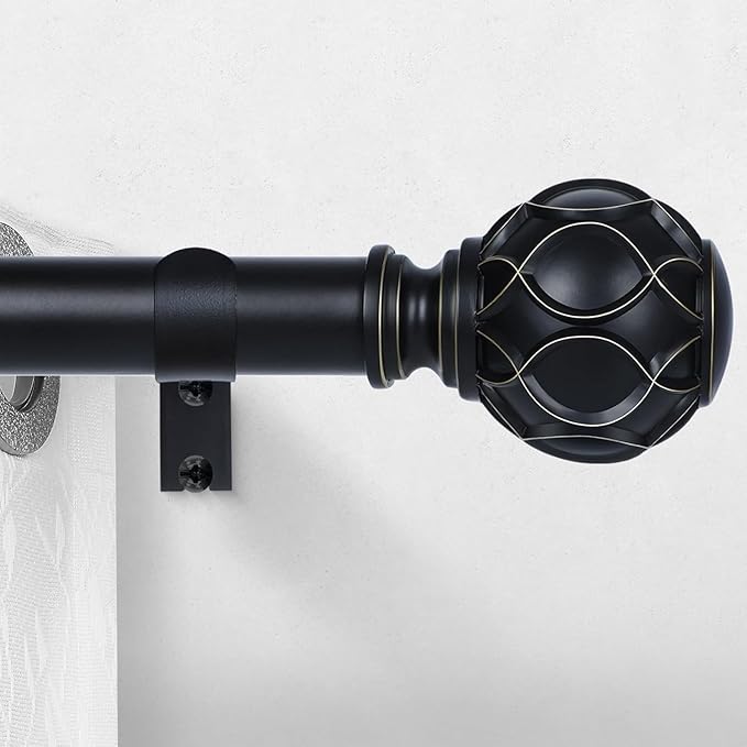 Black Curtain Rods for Windows:Farmhouse Boho Decorative Curtain Rod for Bedroom Living Room,Heavy Duty Adjustable Rustic Drapery Rods Set with Vintage Coastal Texture Finial,Matte Black 72-144"