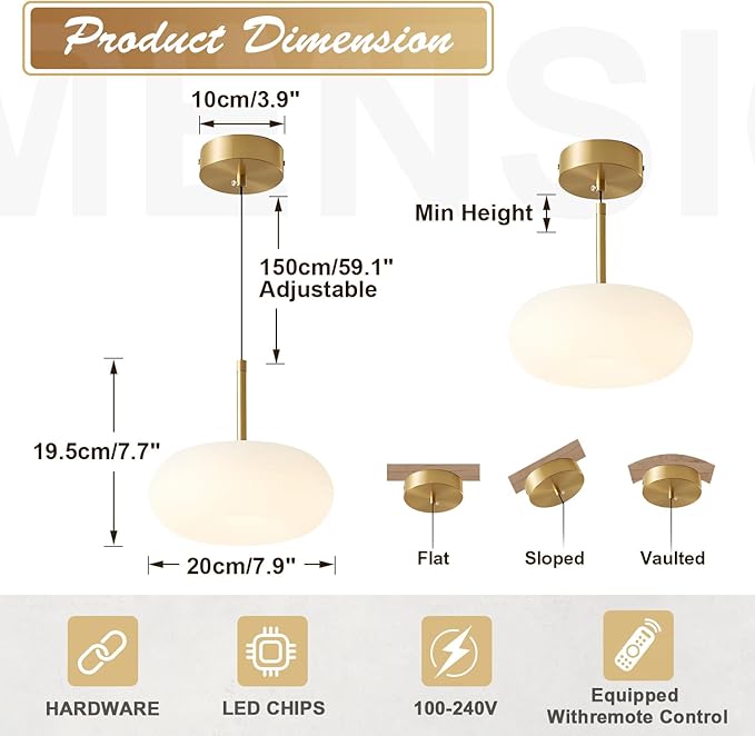 Gold Globe Pendant Light Fixture Vintage Hanging Light Fixtures Modern Pendant Lights Kitchen Island Set of 2 Farmhouse Dimmable LED Pendant Light with Remote Control MPL02-20G-2 (2 Pack)