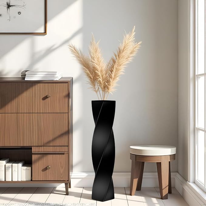 Tall Black Resin Floor Vase - 23.6 Inch Modern Square Twist Vases for Home Decor, Large Decorative Vase for Dried Flowers, Pampas Grass, Centerpiece - Matte Finish