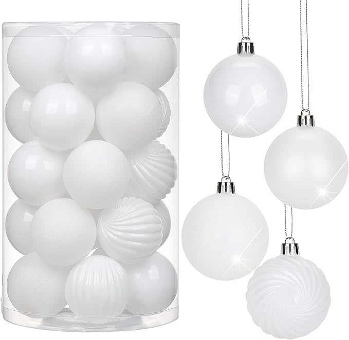 2.36" White Christmas Balls Ornaments 25 Pcs Shatterproof Christmas Ornaments Set Halloween Balls Ornaments White Ornament for Xmas Tree Holiday Party