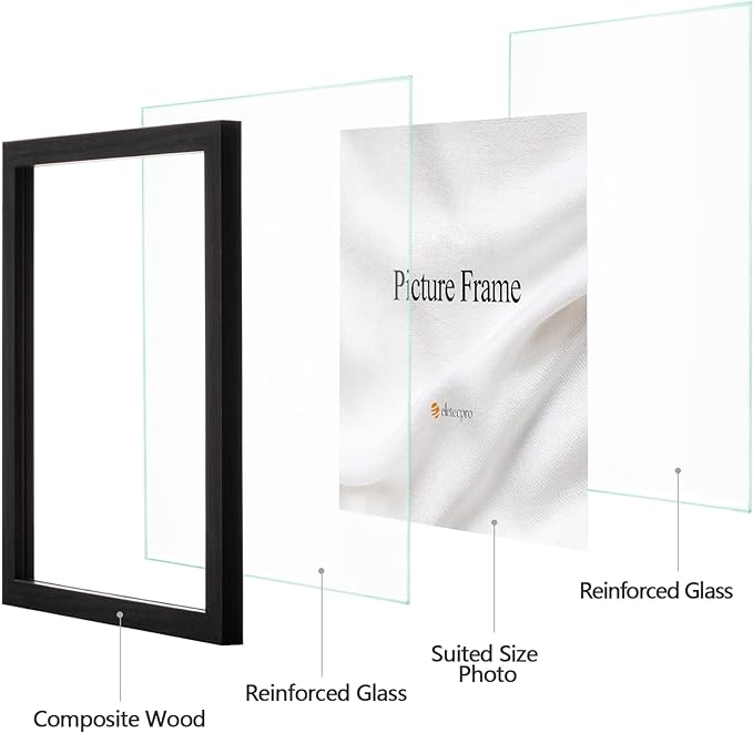 eletecpro 12x12 Floating Picture Frames Set of 2, Clear Double Glass Picture Frames for Wall Mount, Display Multi-size Photos and Artworks up to 12x12 Inches, Home Decor, Black