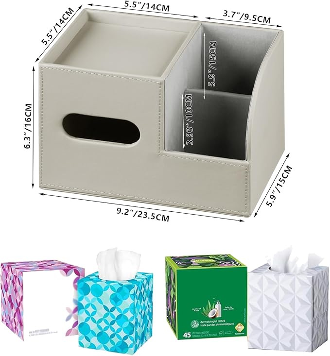 PU Leather Tissue Box Cover Square,Tissue Box Holder Organizer with Storage Tray and Remote Control Holder for Bathroom Countertop Night Stands Bedroom Office Desk,Napkin Caddy Decorative Grey