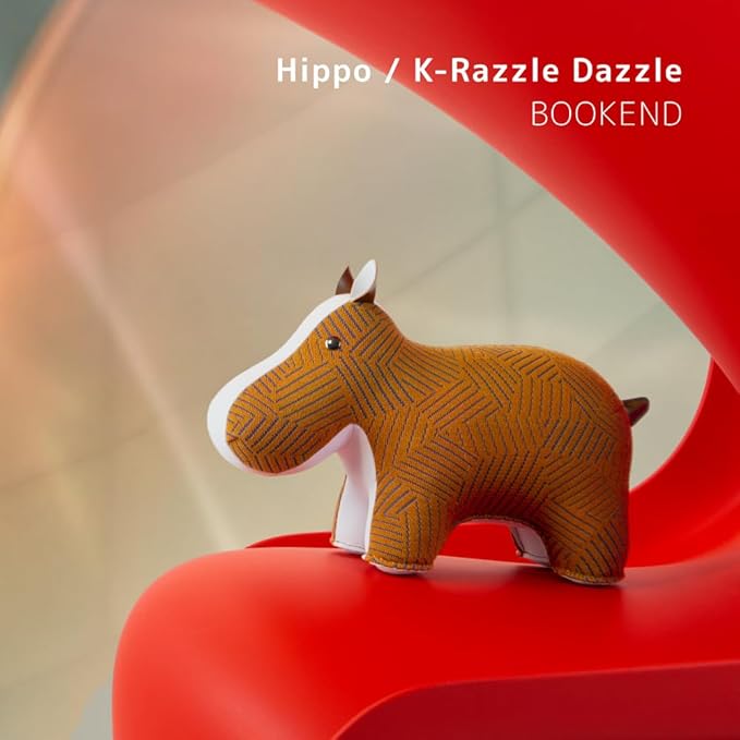 Zuny Artist Edition Hippo Bookend – Kvadrat Razzle Dazzle, Ecofriendly Handmade Leather Single Book Stopper, Decorative Home Decor for Bookshelf Desk, Tan White, 11 x 4.3 x 7.4