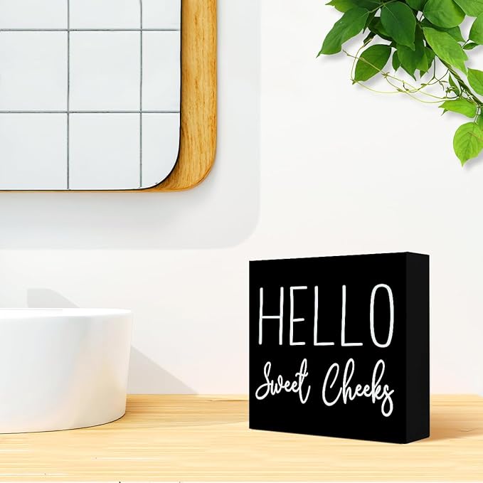 LVQHI Cute Bathroom Shelf Decor, Hello Sweet Cheeks Sign Wooden Box for Shelves Toilet Restroom Tabletop Decoration, Funny Black Bathroom Sign Decor, 5'' L x 5" H ﻿