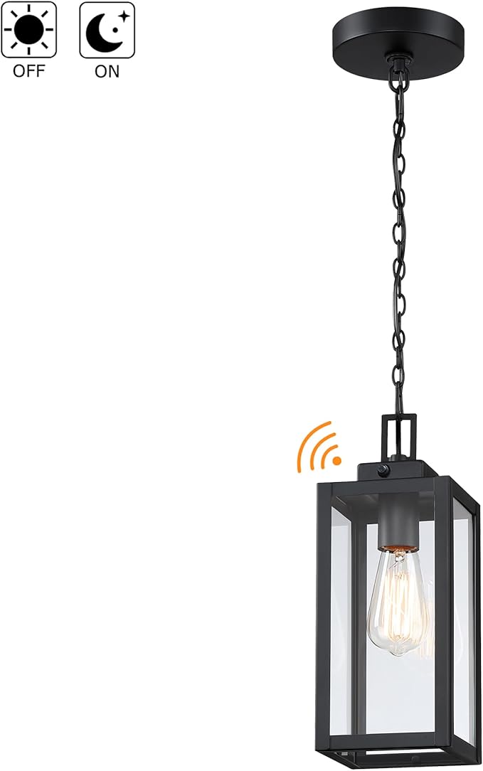 13 Inch Outdoor Pendant Light Dusk to Dawn Hanging Porch Light for Entrance Front Door Photocell Pendant Lights for Porch Dusk to Dawn Hanging Lantern Steel and Glass,E26