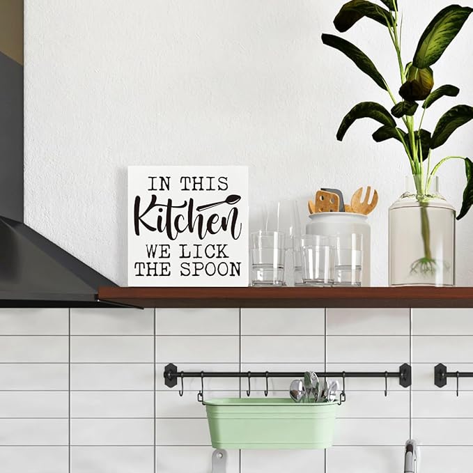 Farmhouse Kitchen Decor, In This Kitchen We Lick the Spoon Sign, Decorative Signs and Plaques, White Wooden Box Sign, Farmhouse Home Decor, Desk Decors Art, Housewarming Gift