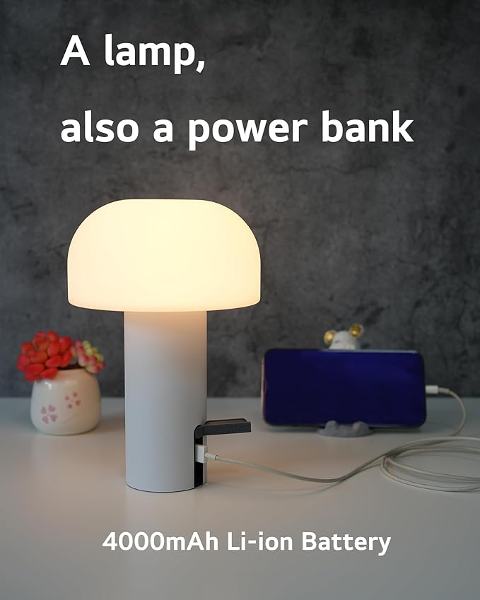 Outdoor Mushroom Table Lamp Rechargeable, Cordless Lamps for Patio Waterproof, Portable Battery Operated Lamp with USB Charging, Touch Dimming Night Light for Home/Porch/Restaurant (White)