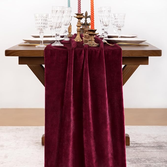 Socomi 2pcs Burgundy Red Velvet Valentine's Day Table Runner Cloth Decor 20 x 120 Inches 10ft Fabric Luxurious Thanksgiving Wedding Runner for New Year Bridal Shower