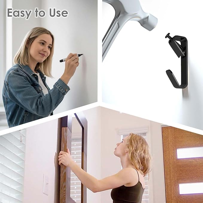 Picture Hangers Heavy Duty, Extra Thick, 50 lb, Decorative Hanging Hooks Hardware for Drywall and Plaster Walls with Large Nailers and Nails, Painting, 30pcs, Black