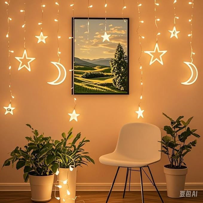 LED Starry Moon Light String Small Colored Light Starry Moon Curtain Light Outdoor Camping Courtyard Decorative Light (Star and Moon)