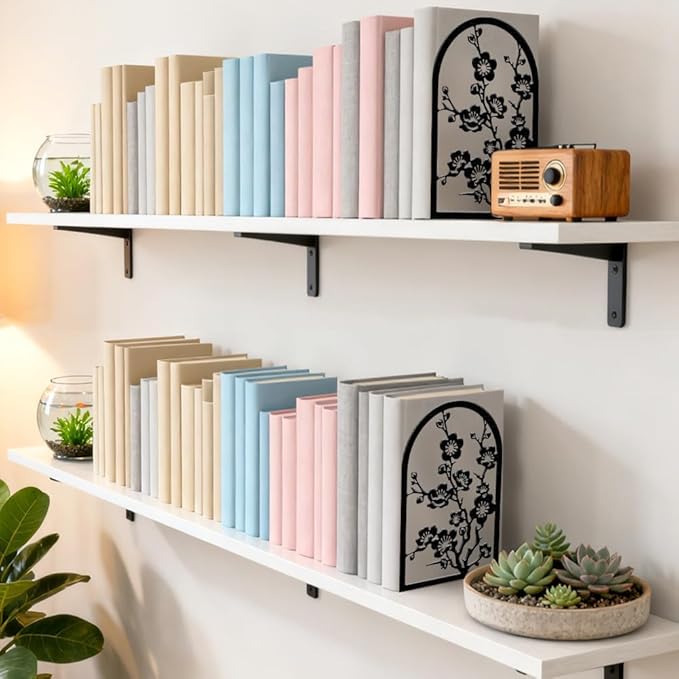 Peacoblue Metal Bookends for Shelves, Modern Decorative Heavy Duty Study Book Ends Stoppers for Office, Desk, Shelf, Room 5.3"x4.3"x7.9" Cast Iron Simple Tall Bookends 1 Pair (Plum Blossom Branches)