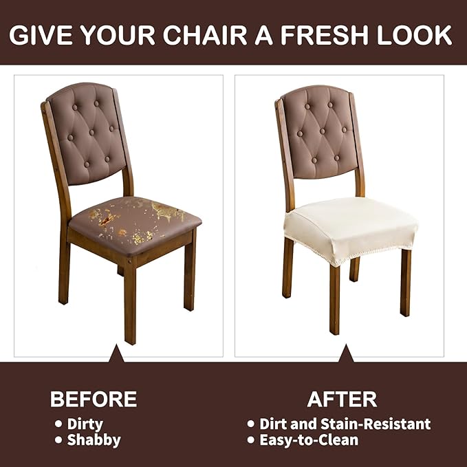 Waterproof Seat Covers for Dining Room Chairs Set of 6 - PU Leather Removable Washable Chair Seat Slipcovers, Rear Covers (Beige)
