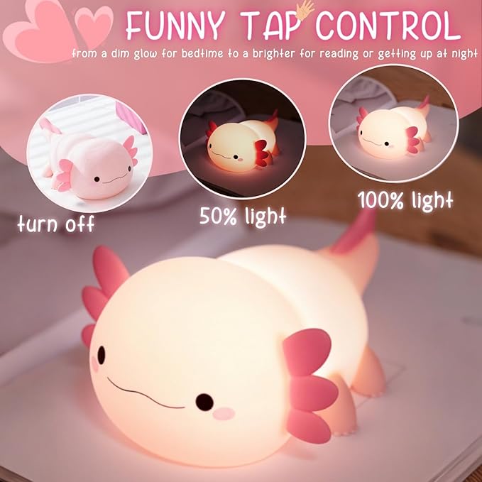 Axolotl Cute Night Light for Kids, Axolotl Lamp Girls Xmas Gifts, Rechargeable Bedside Nightlight, Squishy Dimmable Silicone LED Funny Animal Light, Baby Nursery Dorm Kawaii Décor Toys