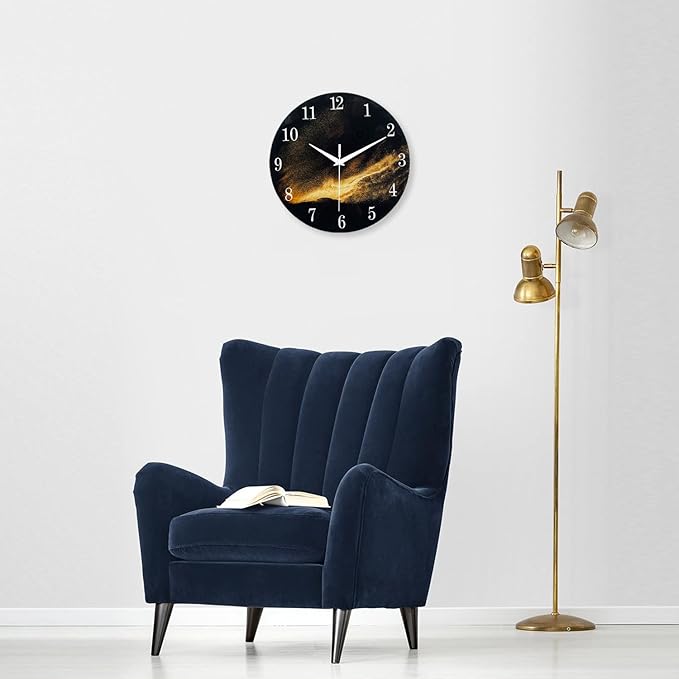 Black Wall Clock for Living Room 14 Inch Glass Analog Wall Clock Battery Operated Silent Clock for Bedroom Office