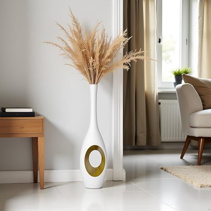 23.6 Inch White Vases – Modern Oval Floor Vase with Gold Cutouts & Slim Neck, Luxury Decorative Tall Vases for Living Room, Wedding, Office Decor – Resin Tall Floor Vase