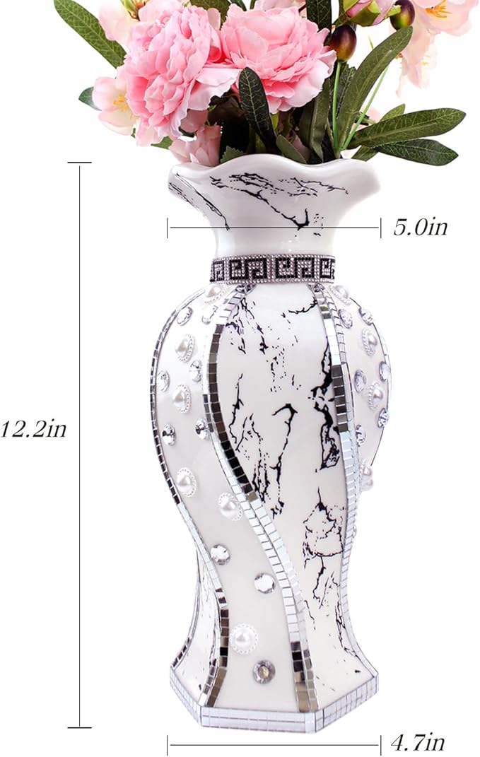 Modern Decorative Vase,Silver Flower Vase for Home Decor with Rhinestone,30 cm Luxury Ceramic Vase for Centerpiece,Living Room,Bedroom,Large Flower Vase