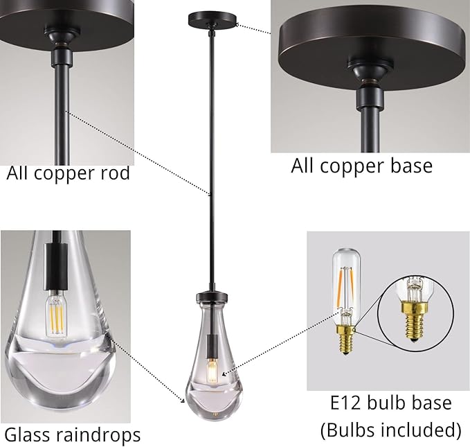 Island Lights for Kitchen Set of 2, Pendant Light with Hand Blown Raindrop Glass, Pendant Lights Kitchen Island Lighting, for Kitchen, Living Room, Porch, Bedroom, Including Light Bulb