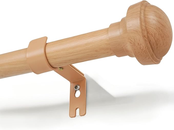 Wood Curtain Rods for Windows 66 to 120, 1 inch Telescopic Adjustable Heavy Duty Curtain Rod with Adjustable Brackets, Easy Install & Modern Finials, Fits Various Room Styles, Wood color
