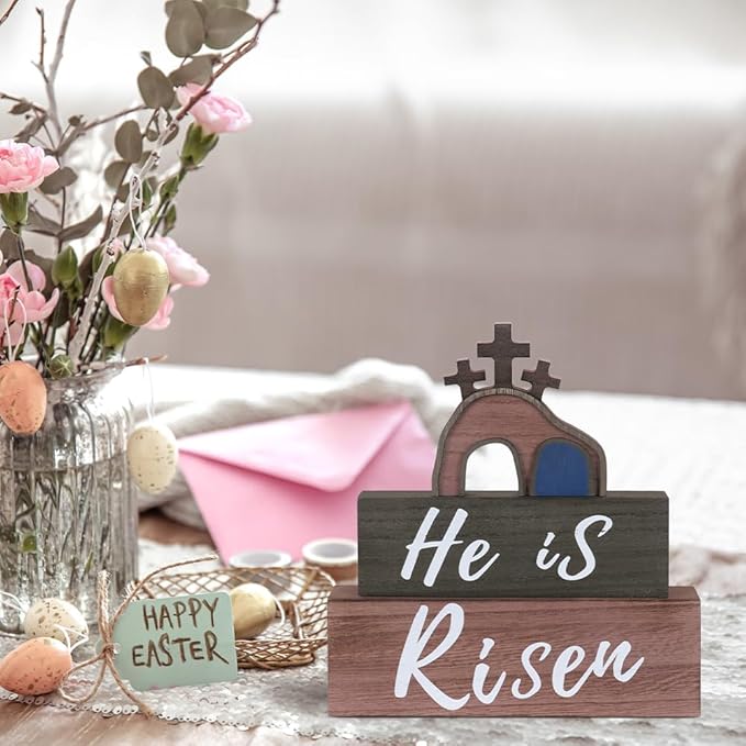 Easter Decorations, MEETYAMOR 3-Layered He is Risen Sign Cross Gifts Wood Block Easter Decor, Empty Tomb Scene Decorations Indoor for Home, Living Room, Tables, Mantel