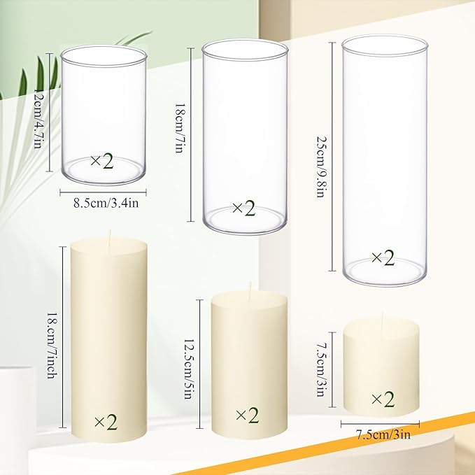 Shihanee Set of 6 Pillar Candles with Glass Cylinder Vases Clear Cylinder Hurricane Candleholders for Slim Tall Pillar Candles Wedding Thanksgiving Day Centerpieces(3'' X 5.9", 7.9", 9.8",Ivory)