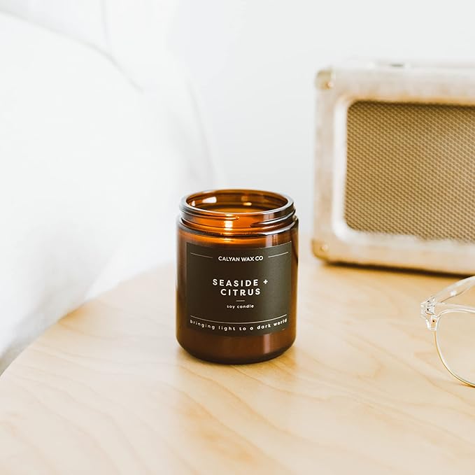 Calyan Wax Co. Seaside & Citrus Scented Candle - 57 Hour Burn - Luxury Non Toxic Soy Wax Candles - Long Lasting Amber Glass Jar Candle for Home - 7.2oz