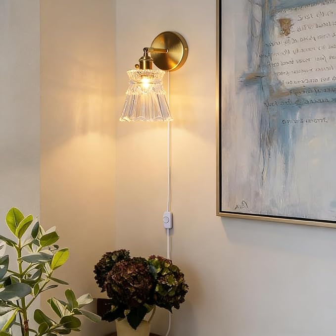 Sedelan Plug in Wall Sconce, Vintage Wall Sconces Indoor, Glass Wall Lamp，Dimmable Mid Century Moderen Bathroom Vanity Lights, Over Mirror for Bedroom Dining Living Room Stairway, E26