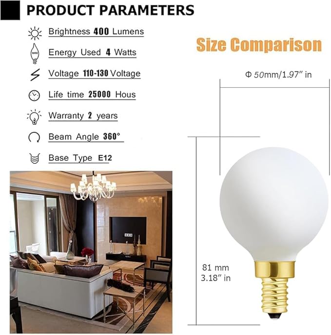XININSUN Frosted G16.5 Light Bulb,e12 4W Chandelier Light Bulbs, Round Candelabra Bulb 40 watt,4W Milky White Candelabra LED Bulb,Dimmable,2700K Warm White 400lm,6Pack
