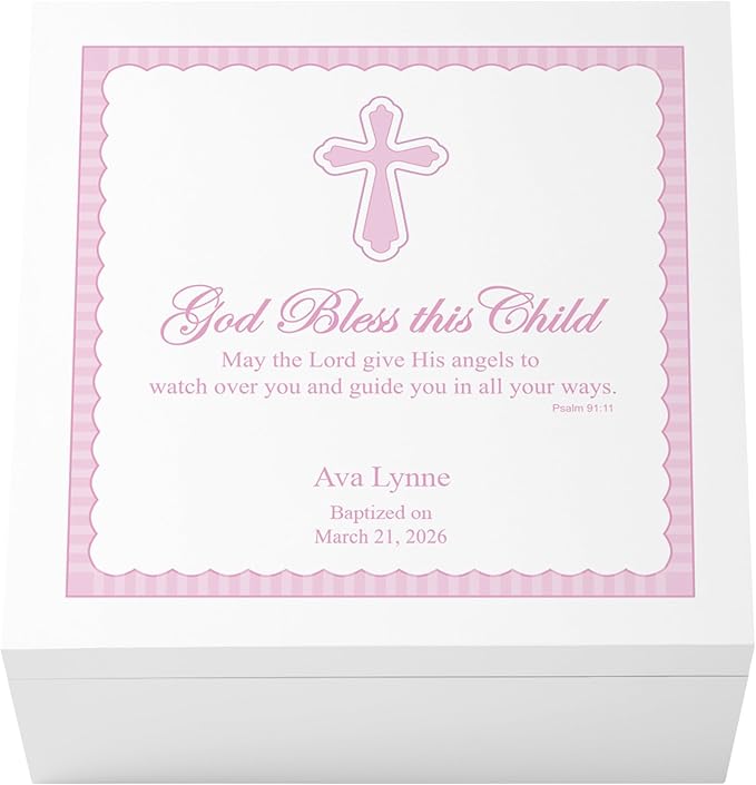Let's Make Memories Personalized Keepsake Box for Blessed Child - Memories Box - Baptism - Confirmation - Memento Storage - For Girls - 6" Hx12 Sq - God Bless - Pink