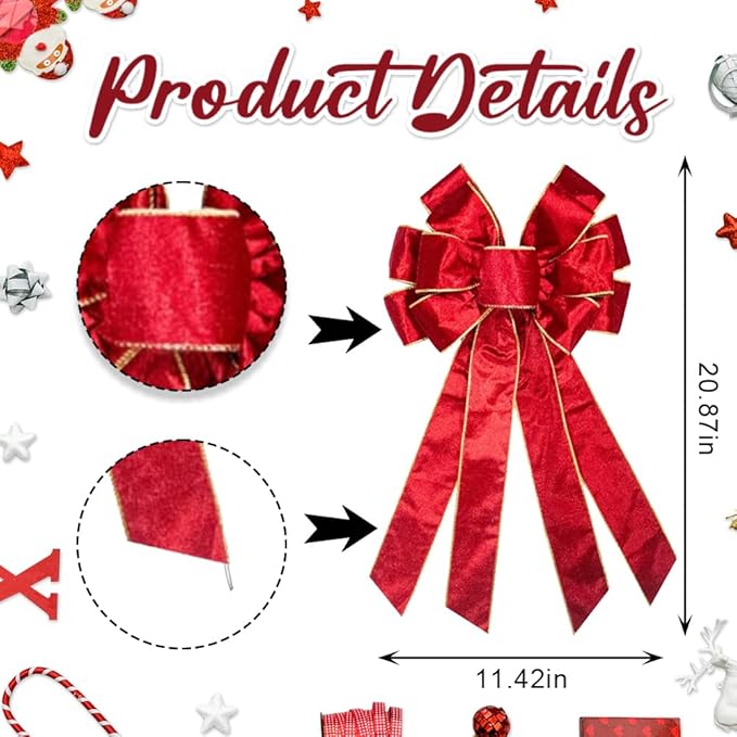 2PCS Christmas Wreath Bows Christmas Decor Bows Red Velvet Ribbon Bows for Wreath, Christmas Tree Topper Bows for Christmas Party Decoration Xmas Home Indoor Outdoor New Year Wreath Ornament Supplies