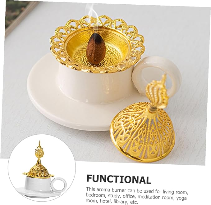 TEHAUX Vintage Ceramic Cone Incense Burner with Metal Handle Minimalist Elegant Decorative Censer Holder for Home Decor Portable Lightweight Aromatherapy Accessory Sophisticated Table