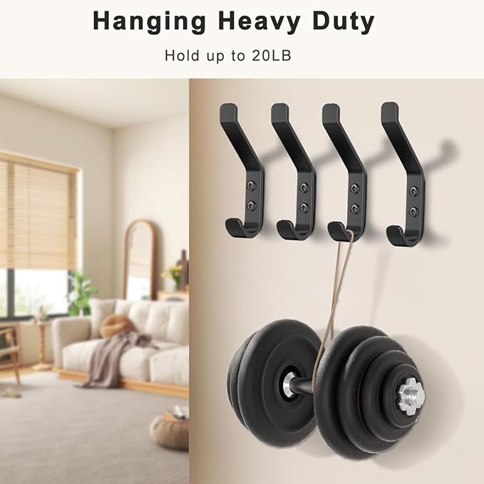 Wall Hooks for Hanging Coats - 5 Pack Double Hook Design, Hat Organizers, Wall Mount Hangers for Bags and Keys, Perfect for Garage, Workshop, Entryway, Closet, and DIY Projects (Black 2)