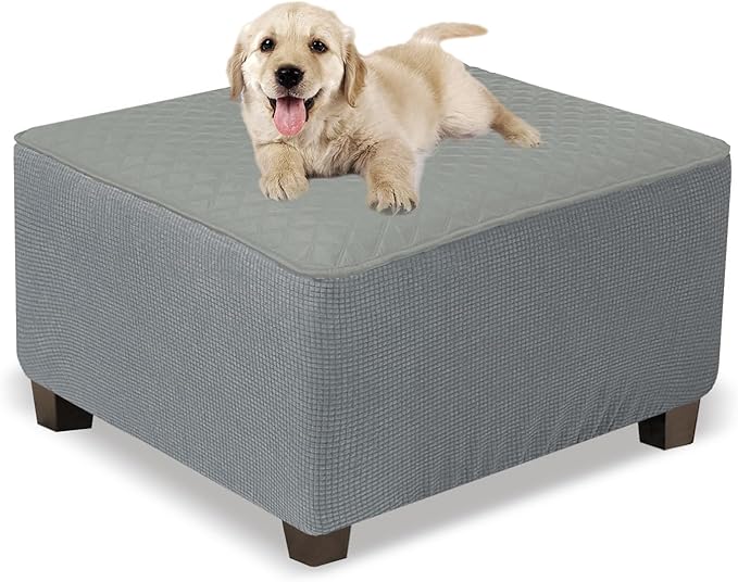 NeColorLife Ottoman Cover Square Waterproof Ottoman Slipcover Thick Storage Footrest Stool Covers Furniture Protector for Pets(Small Size,Light Gray)
