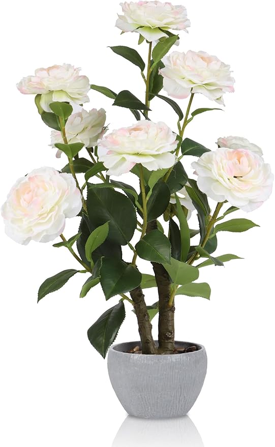 TOARTi Artificial Camellia Potted Plant with Stone Pot, 20.5" Tall Fake Potted Flowers Faux Desk Plant, Realistic Decorative Plants Indoor Decor for for Home Bedroom Bathroom Office Desk